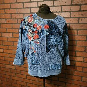Tru Luxe Jeans Patchwork 3/4 Sleeve Boat Neck Embroidered Mixed Media Top Size M